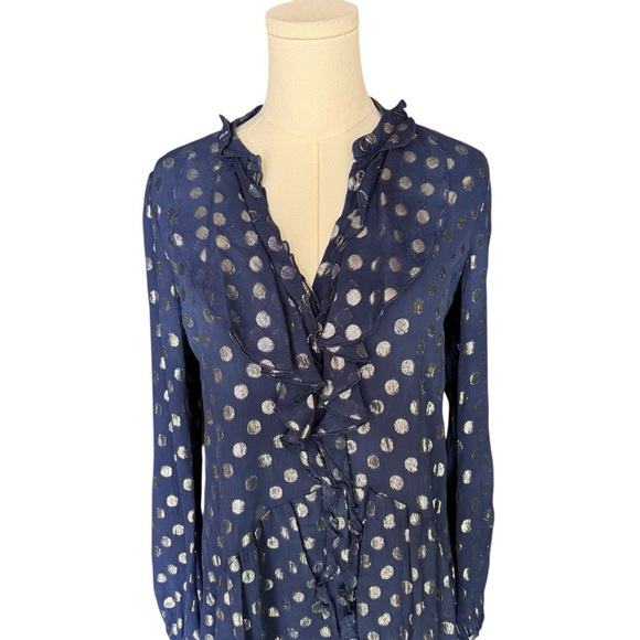 SALONI - Navy Dot Tilly Long Sleeve Ruffle Silk Dress Sz 4 - Picture 6 of 11